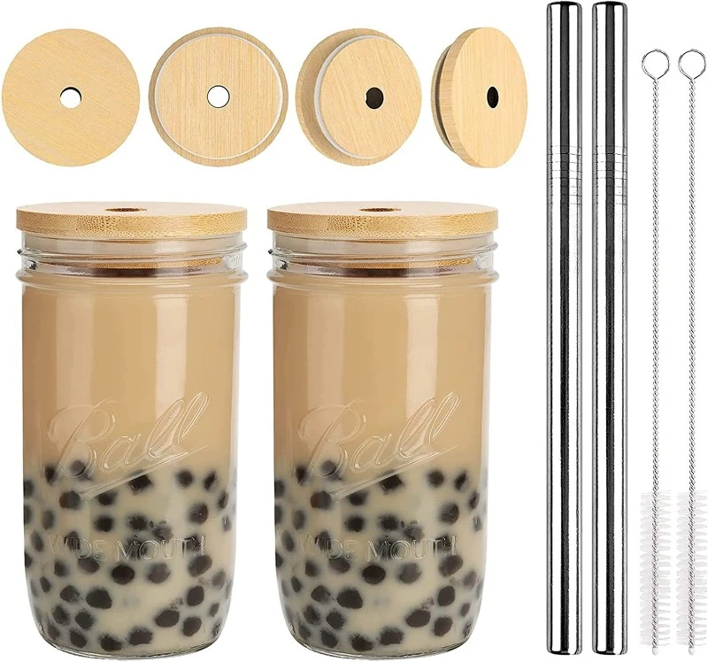 750ML Drinking GlassWith Bamboo Lid Straw 2 750ML Drinking GlassWith Bamboo Lid Straw 2
