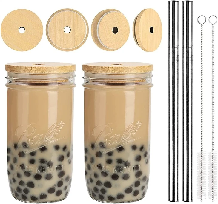 700ML Glass Mason Drinking Jar With Bamboo Lid And Straw