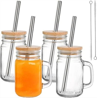 Glass Mason Bokal Tas Ak Kouvèti Banbou Ak Paille